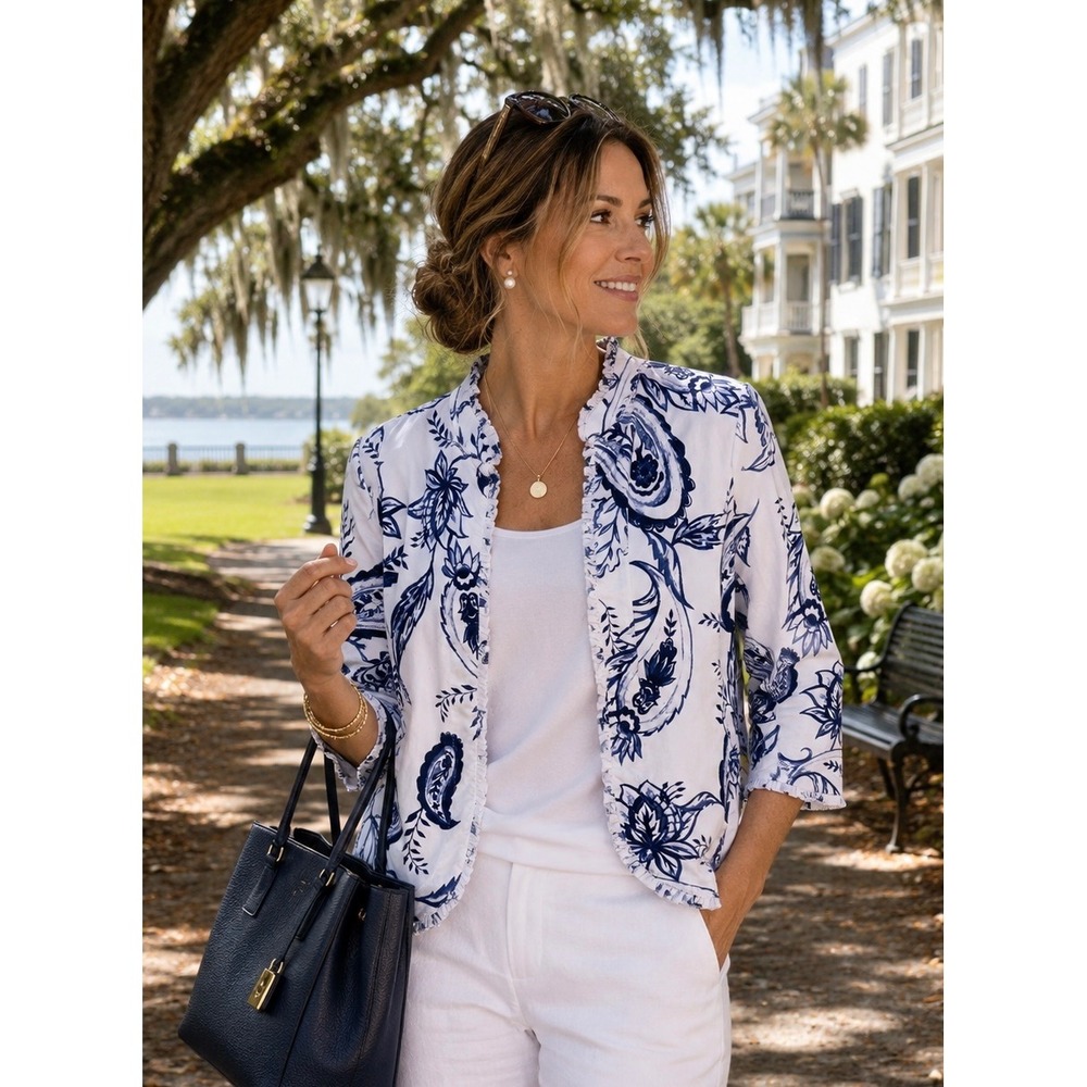 Chico's Cotton Paisley Jacket Blazer Size 1 (M) Blue White Coastal Quiet Luxury